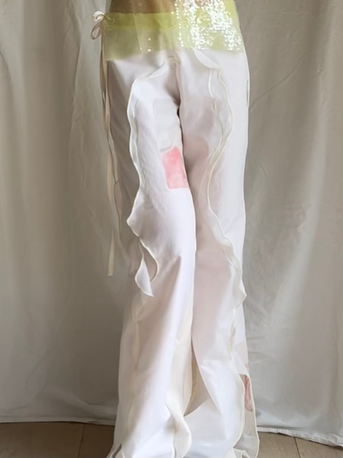 Ivory Frill Wave Pants with Digital Print Feature