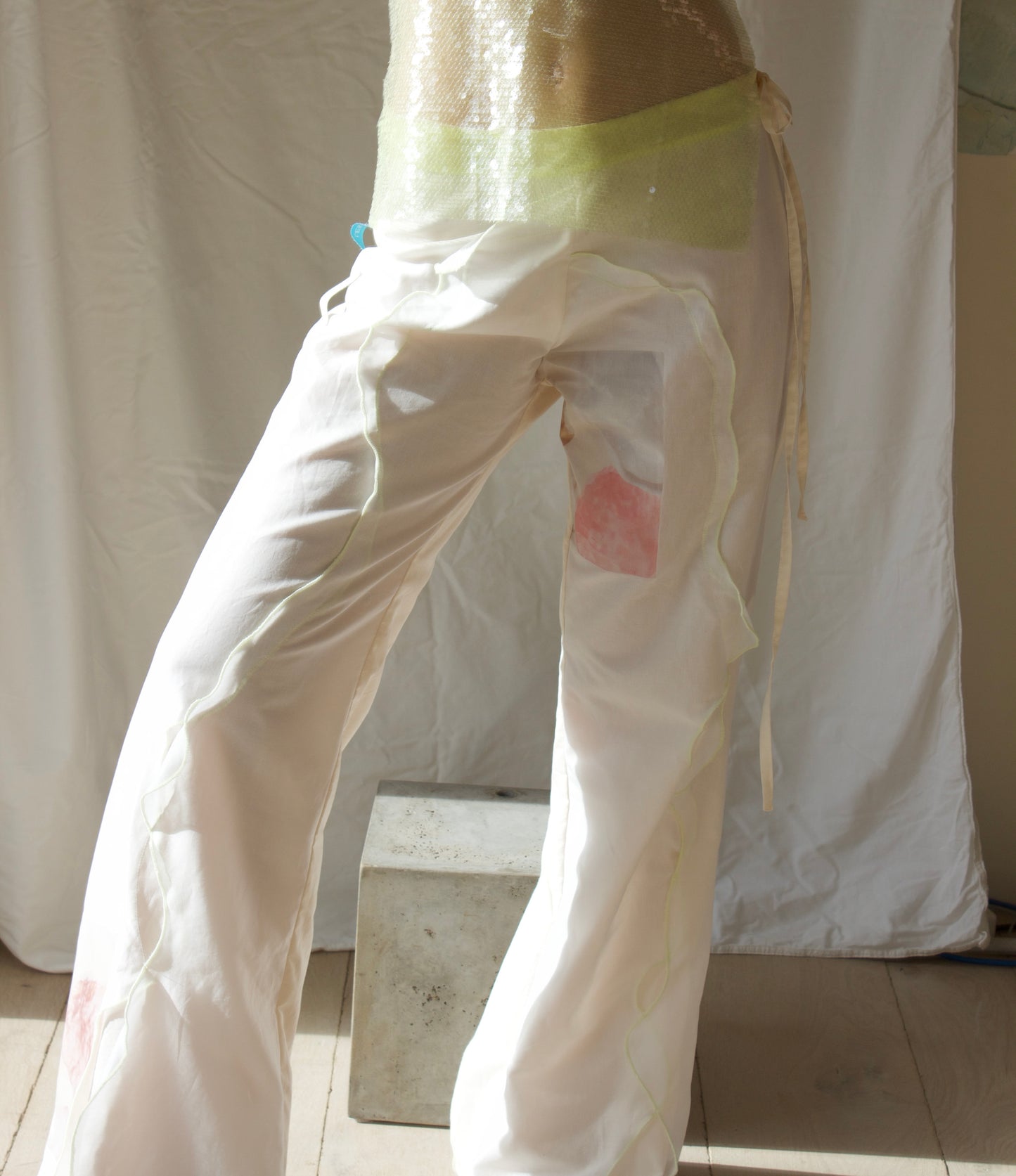 Ivory Frill Wave Pants with Digital Print Feature