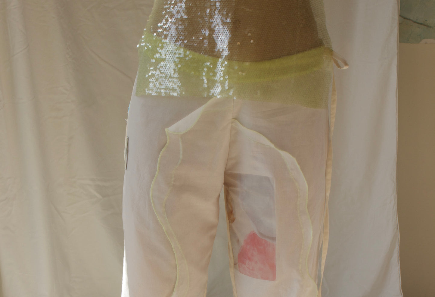 Ivory Frill Wave Pants with Digital Print Feature
