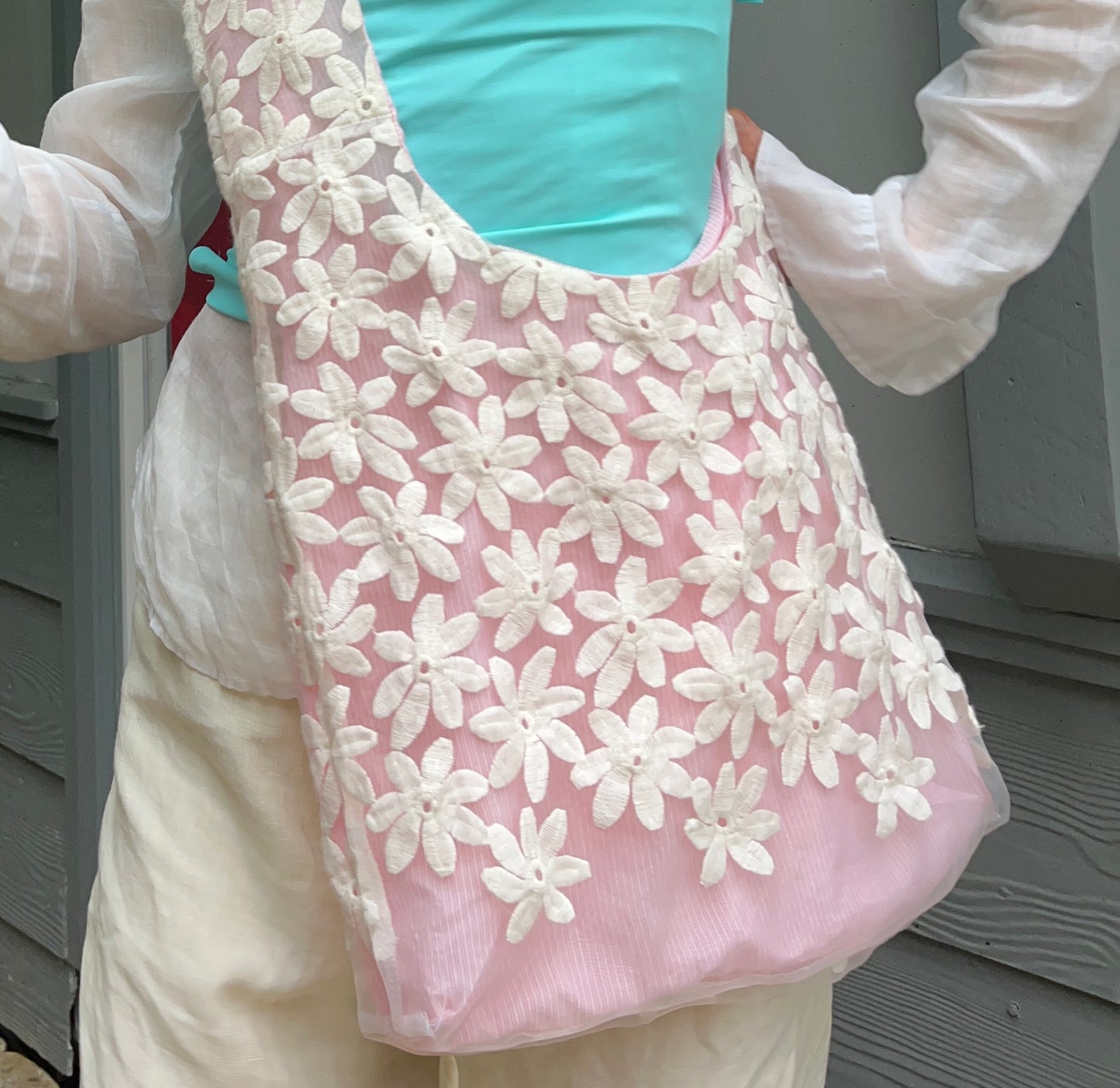 Sheer Embroidered Daisy Crossbody Bag
