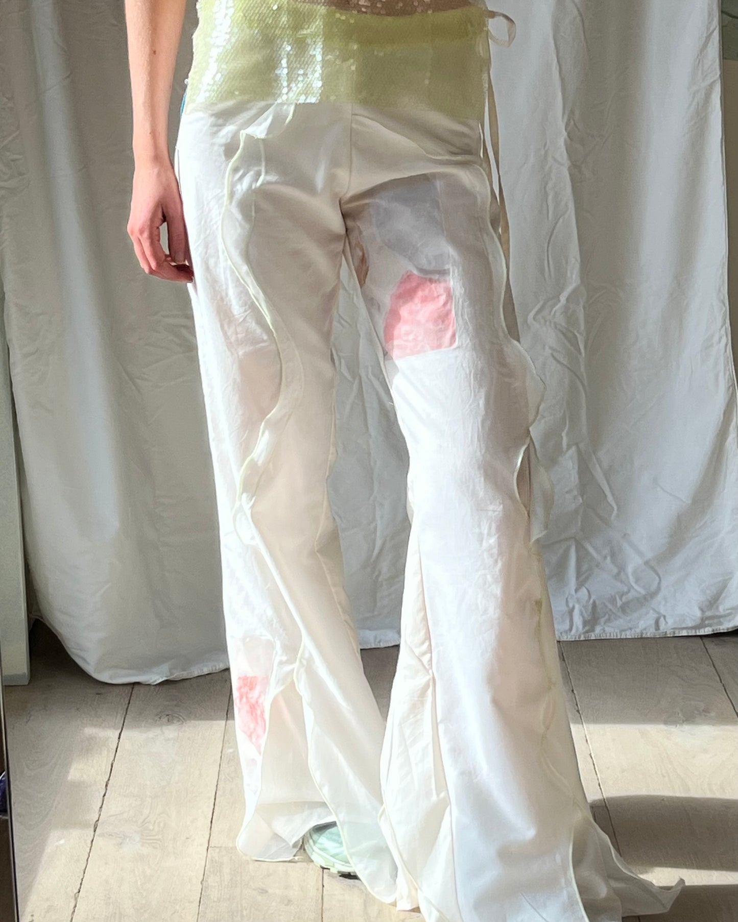 Ivory Frill Wave Pants with Digital Print Feature