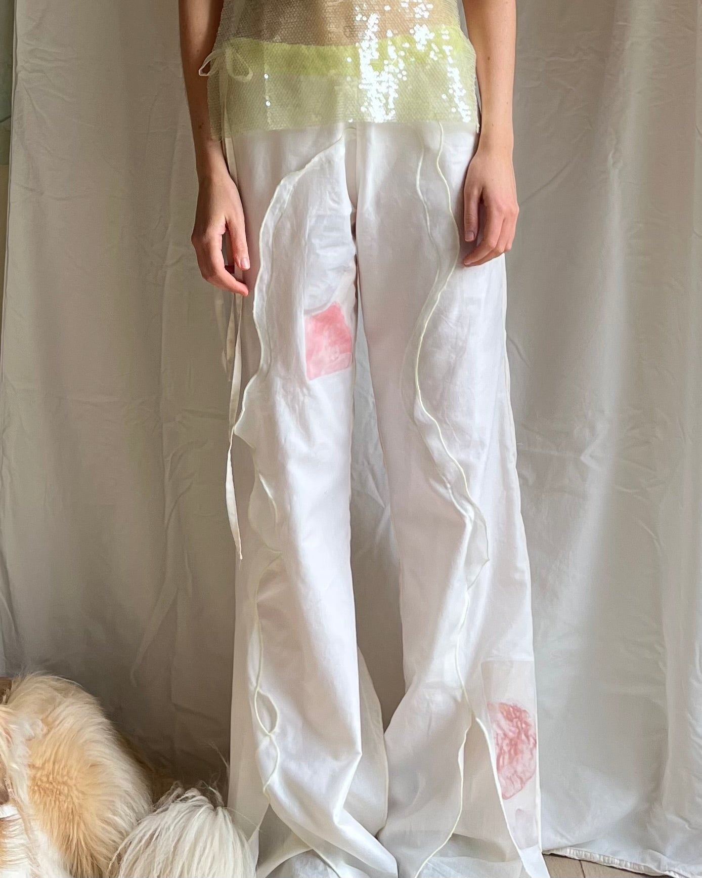 Ivory Frill Wave Pants with Digital Print Feature