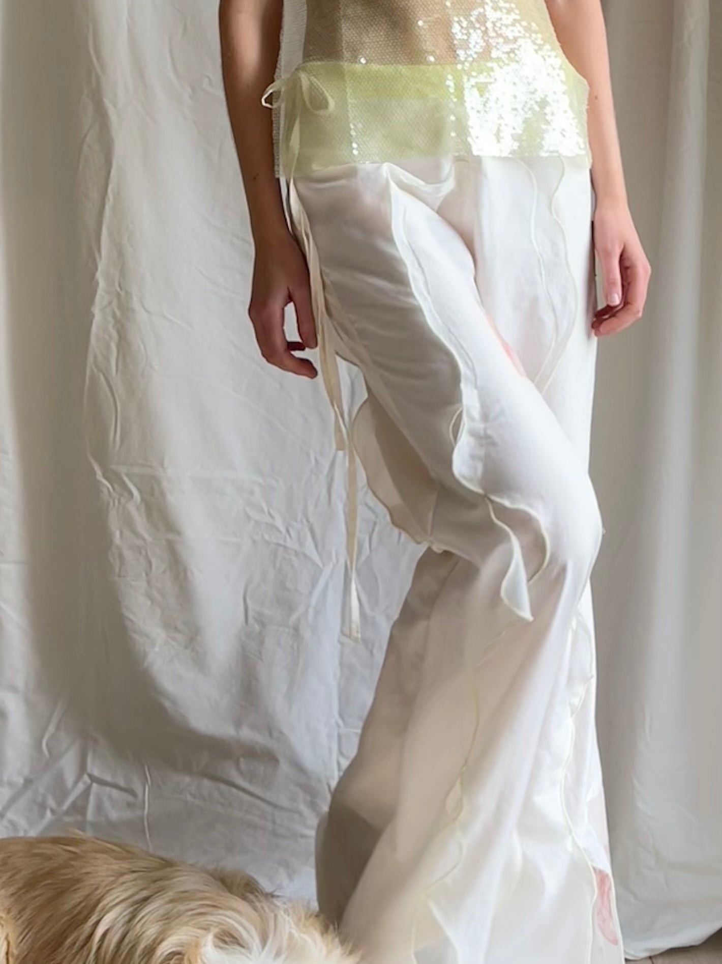 Ivory Frill Wave Pants with Digital Print Feature