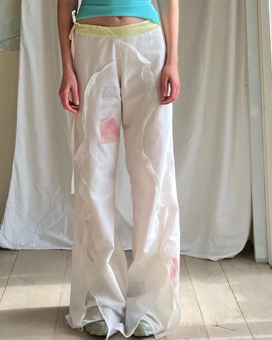 Ivory Frill Wave Pants with Digital Print Feature