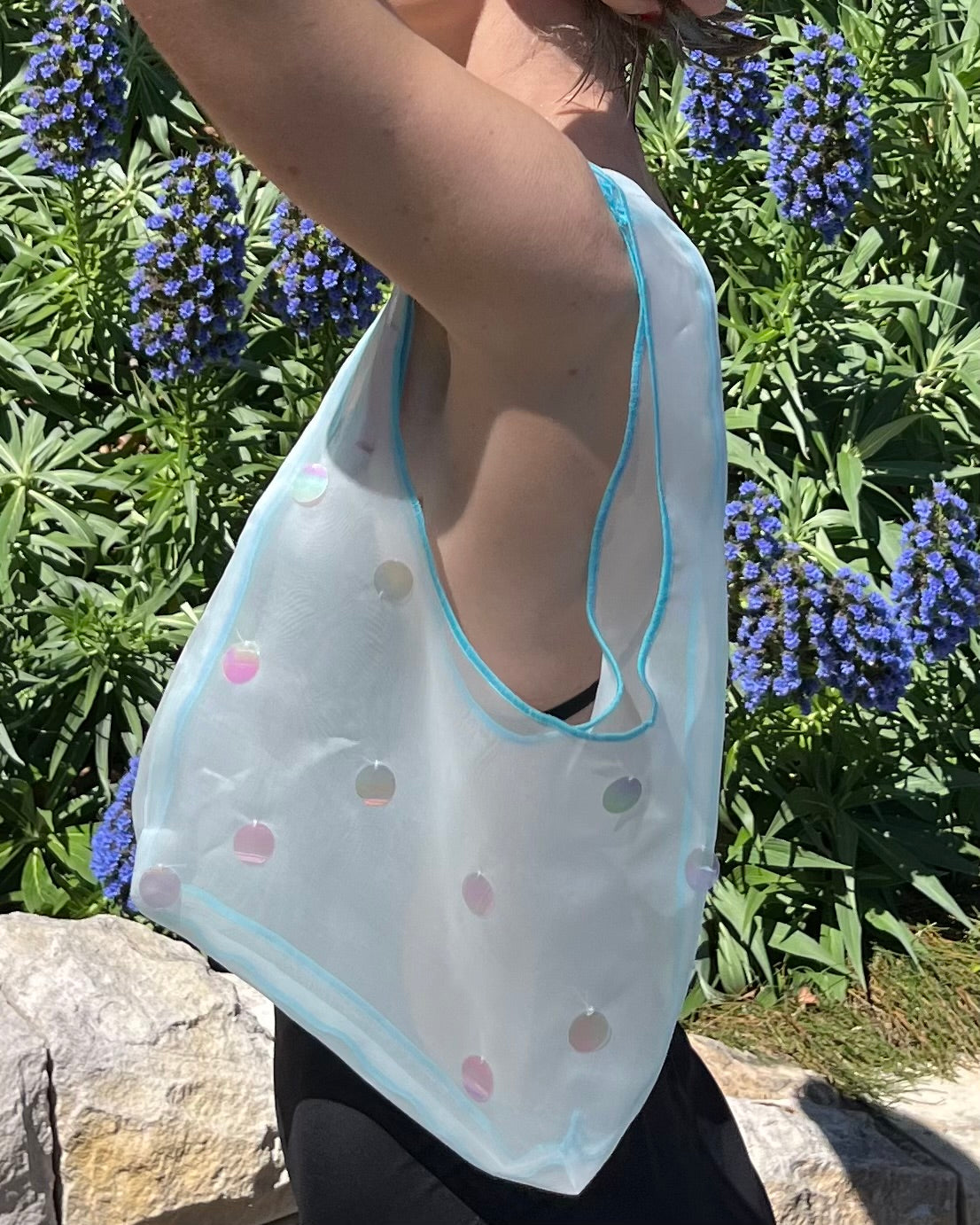 Light Blue Silk Organza Mini Shoulder Bag with Oversized Sequins