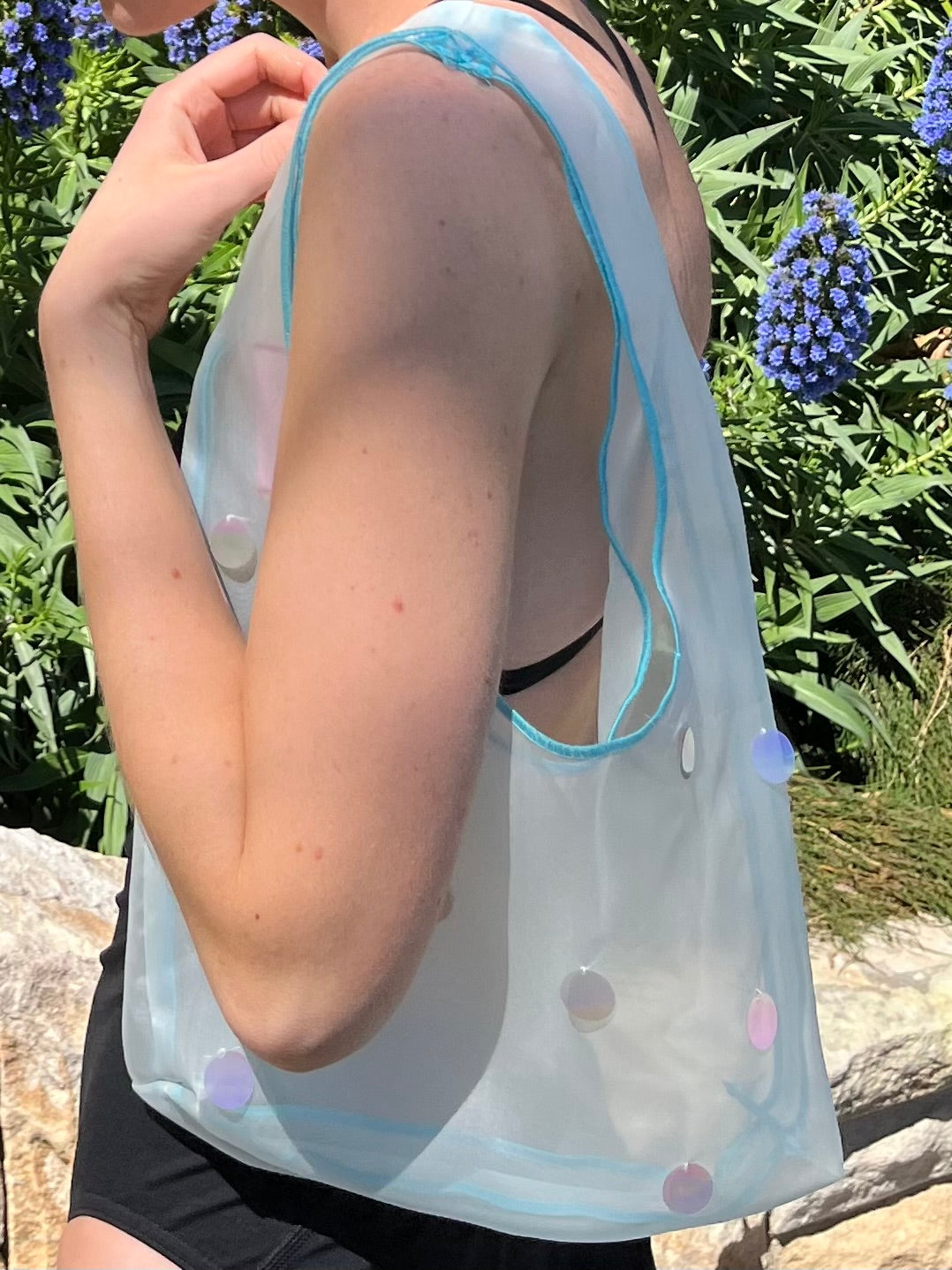 Light Blue Silk Organza Mini Shoulder Bag with Oversized Sequins