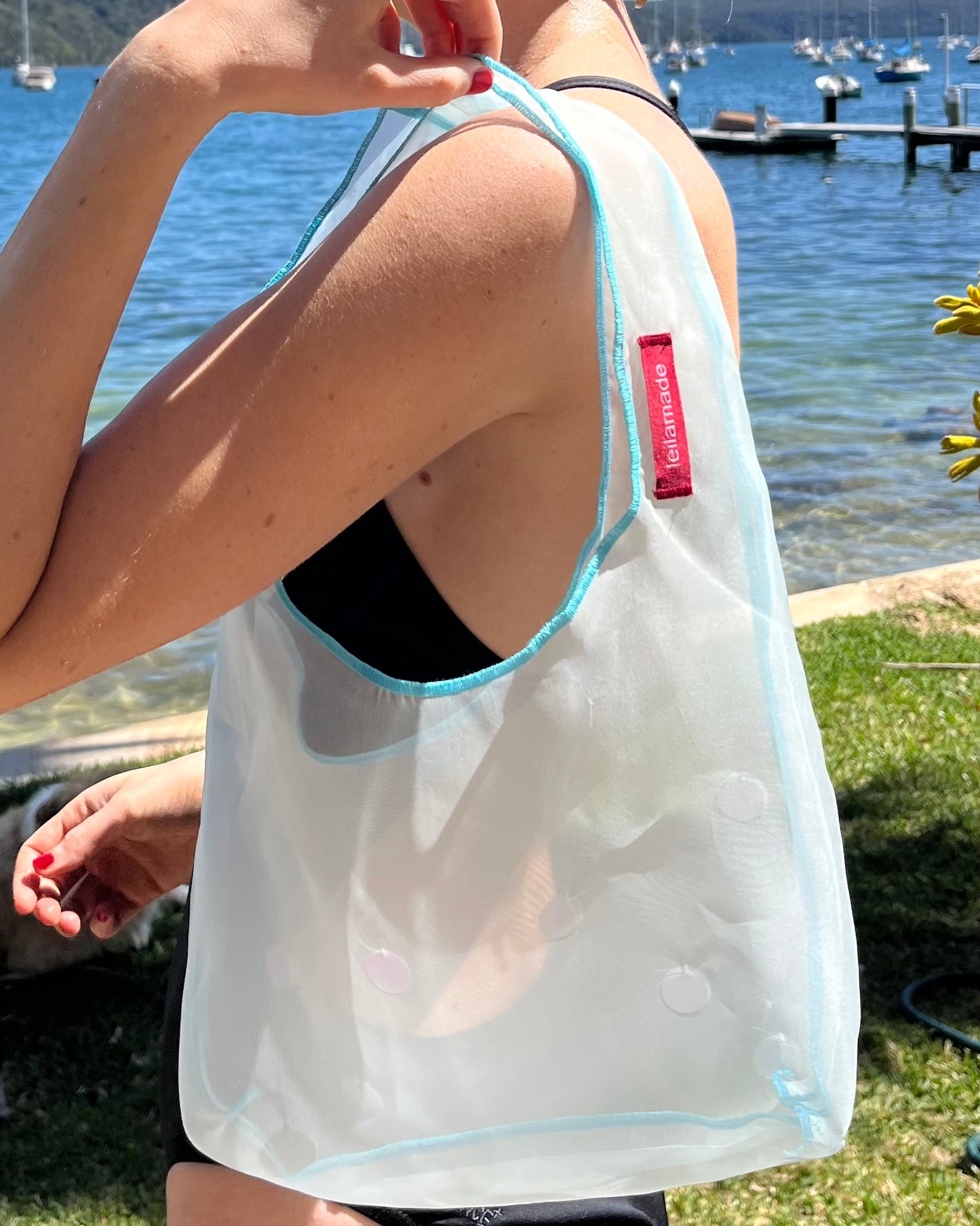 Light Blue Silk Organza Mini Shoulder Bag with Oversized Sequins