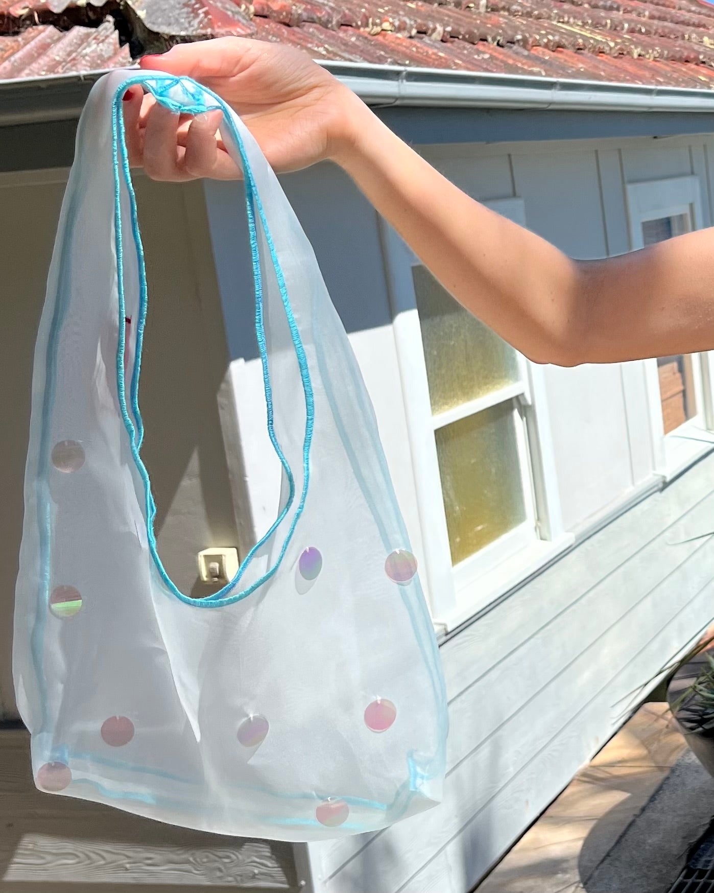 Light Blue Silk Organza Mini Shoulder Bag with Oversized Sequins