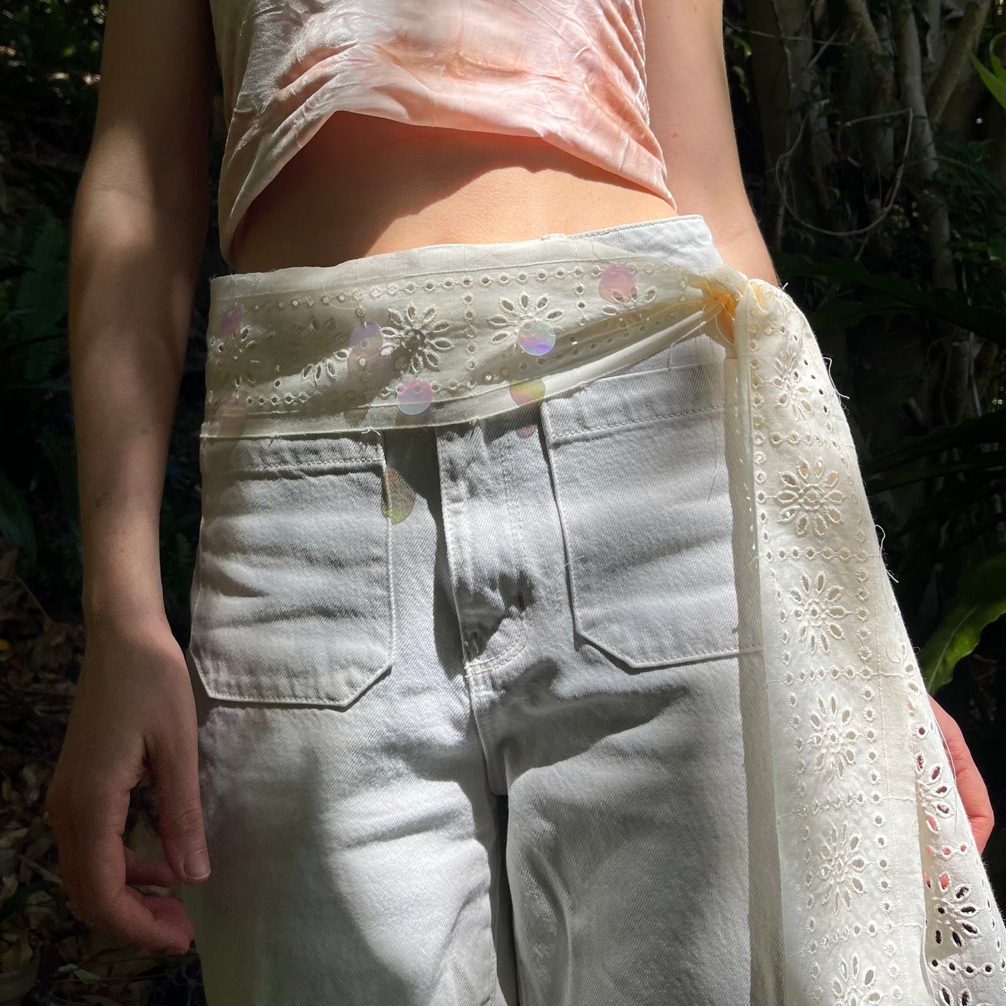 Sequinned Broderie Anglaise Tie Belt