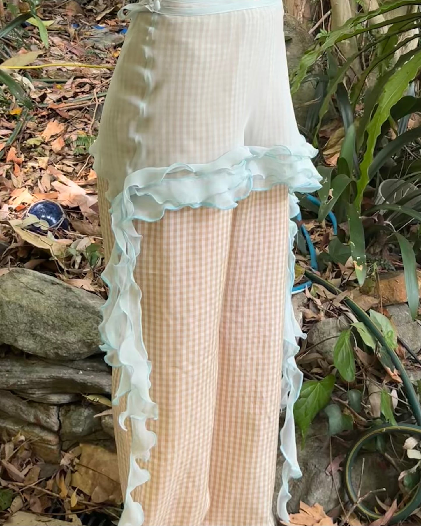 Blue Silk Chiffon Spiral Ruffle Wrap Skirt