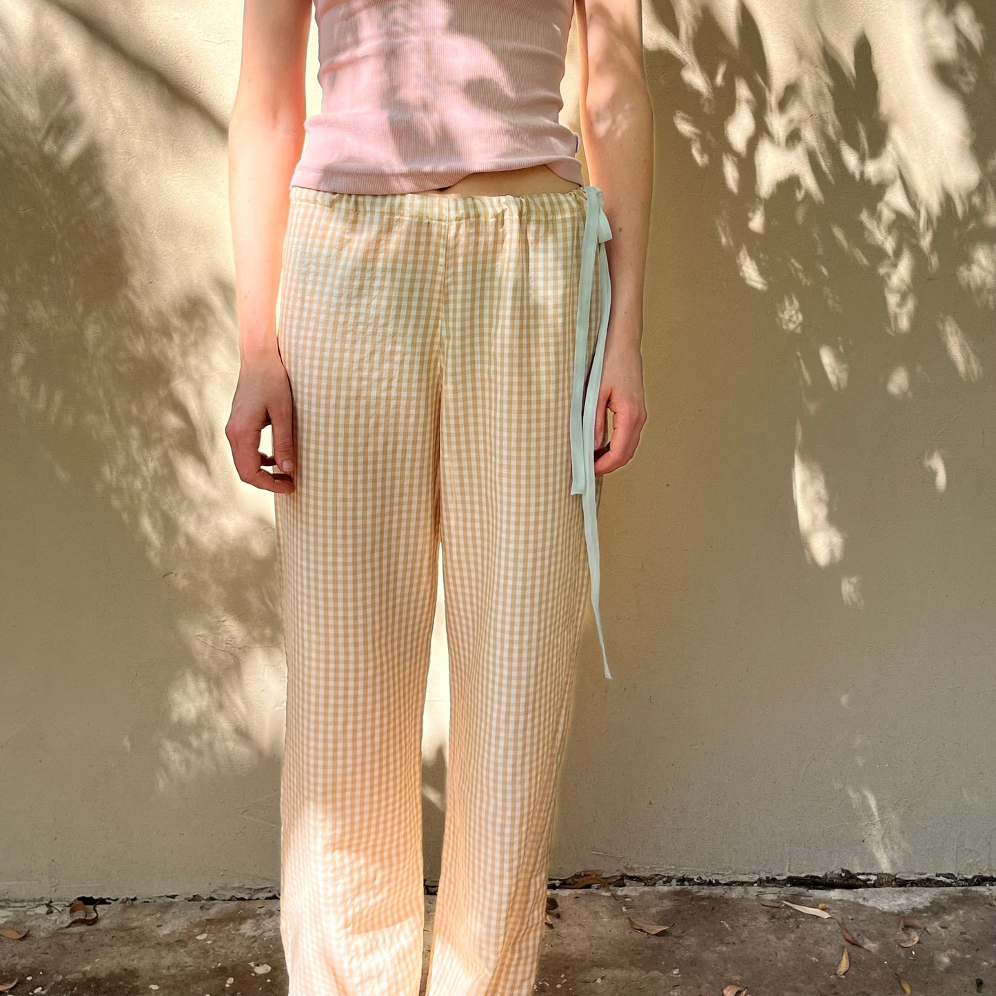Silk Cotton Gingham Drawstring Pants